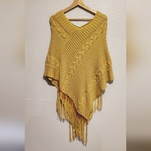 OHS Cable Knit Asymmetrical Beaded Fringe Tassel Boho Poncho Duster Sweater